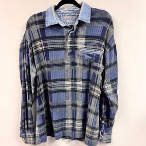 Vintage Men's 1990's Fryday Club XL plaid denim collared long sleeve thrashed